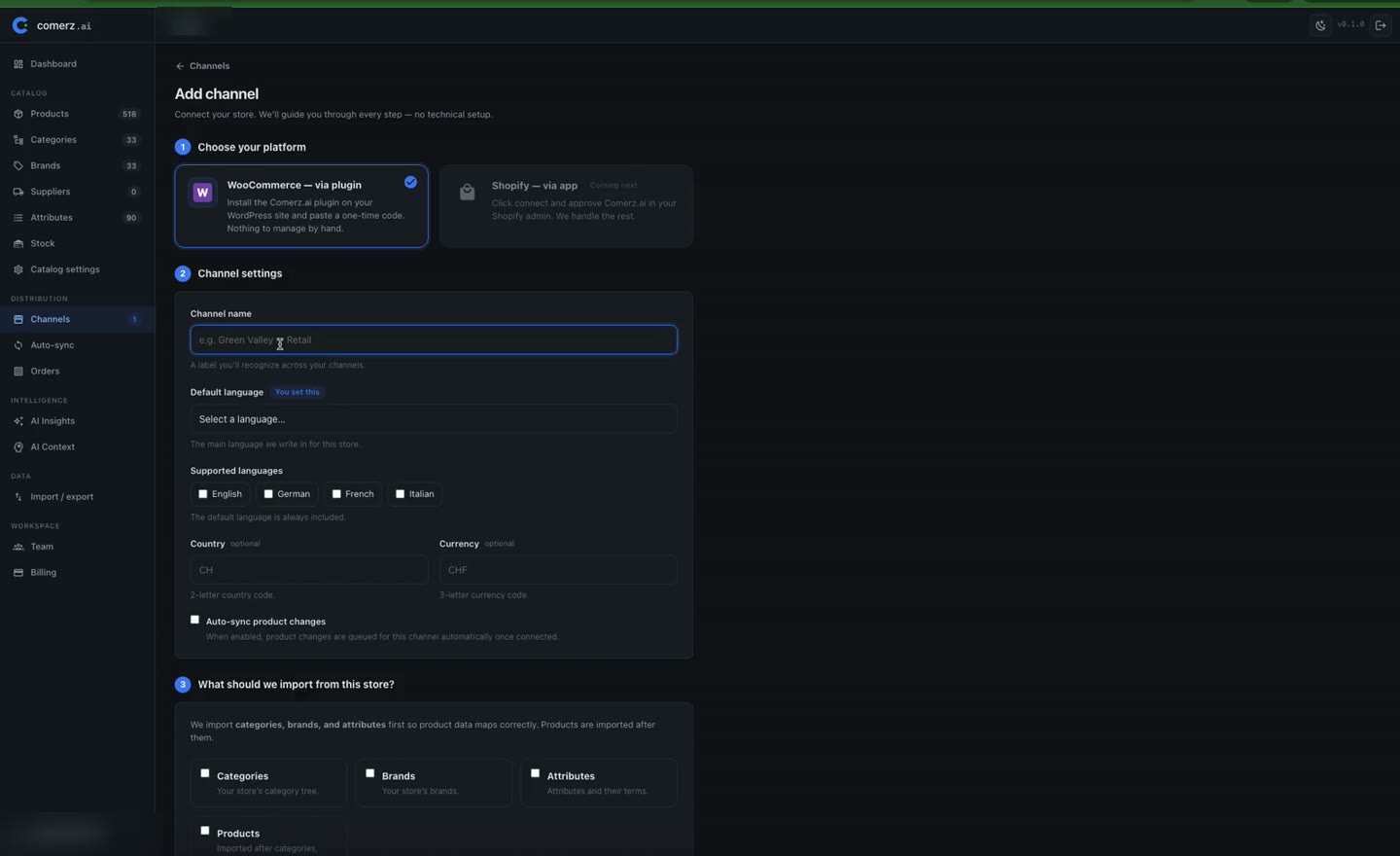 Add Channel wizard: WooCommerce selected, channel named, languages picked.