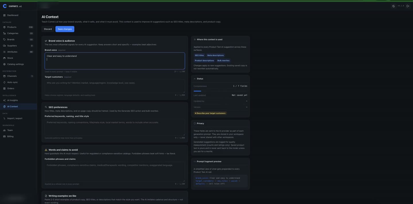 AI Context page with brand voice, target customers, SEO preferences and forbidden claims.