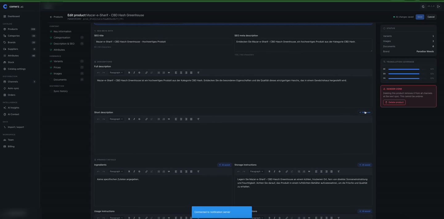 Product editor with AI Assist drafting an SEO title and meta description, with per-language translation coverage.