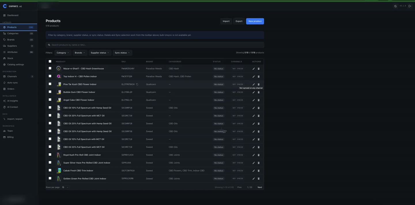The Comerz.ai catalog list with categories, brands, filters and sync status.