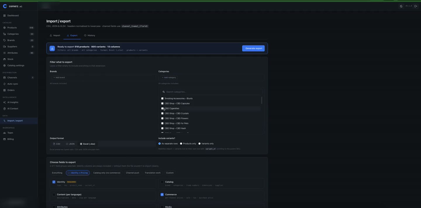 The export screen with CSV, JSON and Excel options and field-group choices.