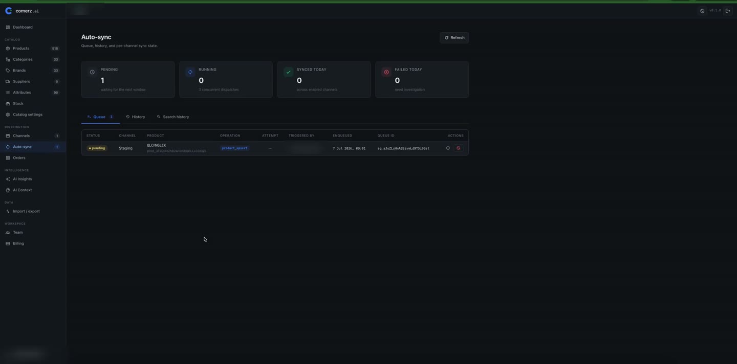 The auto-sync queue processing the push: pending, running, synced.